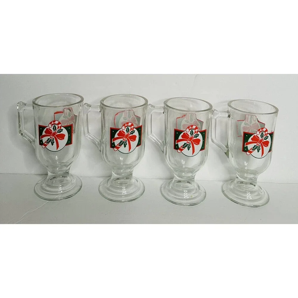 Christmas Mugs Set 4 HOMCO Boxed Clear Glass Footed‎ Candy Cane 8770-BD USA Made